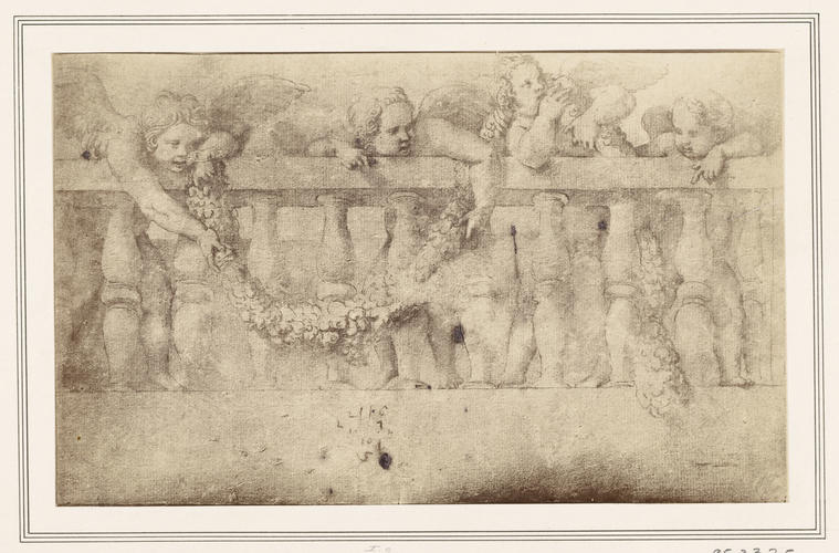 Four putti hanging a garland over a balustrade Four putti hanging a garland over a balustrade