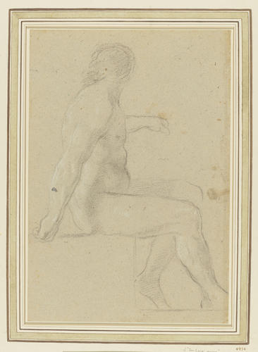 A seated male figure to right, head turned away