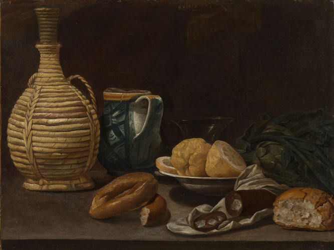 Still Life with a Wicker Wine Flask, Lemons and Bread