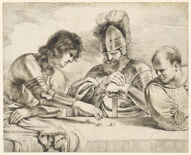 Three soldiers behind a table casting lots over Christ's garment