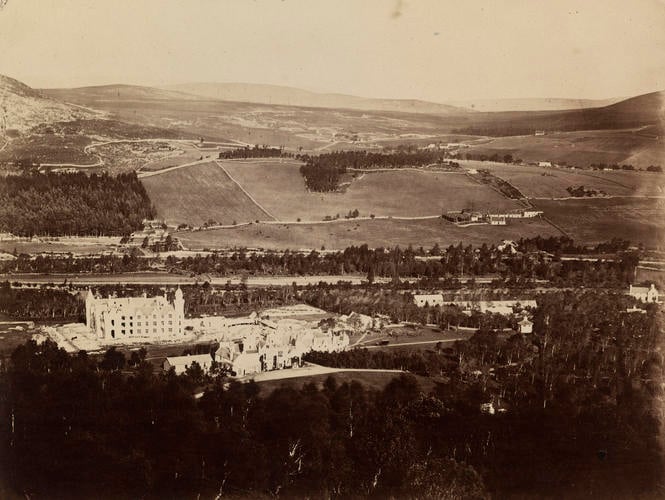 View from Craig Gowan of the old and new house at Balmoral