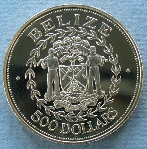 Belize. Proof gold 500 dollars 1985, commemorating the royal visit of H. M. The Queen Belize. Proof gold 500 dollars 1985, commemorating the royal visit of H. M. The Queen