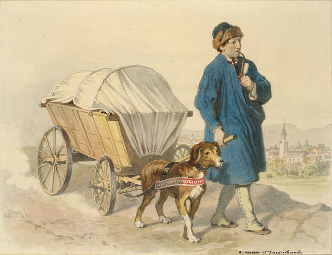 Man smoking a pipe, leading a dog-cart