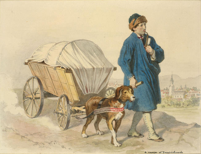 Man smoking a pipe, leading a dog-cart Man smoking a pipe, leading a dog-cart
