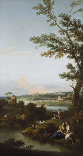 River Landscape with Two Seated Women Embracing