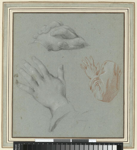 A left arm and a left hand. Two clasped hands