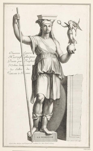 A caryatid holding a globe upon which stands a winged Victory