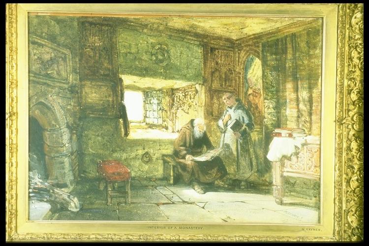 Interior of a monastery, with two monks