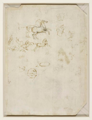 Recto: Horses and soldiers, mechanics, and the Angel of the Annunciation. Verso: Prancing horses, and the head of Nero