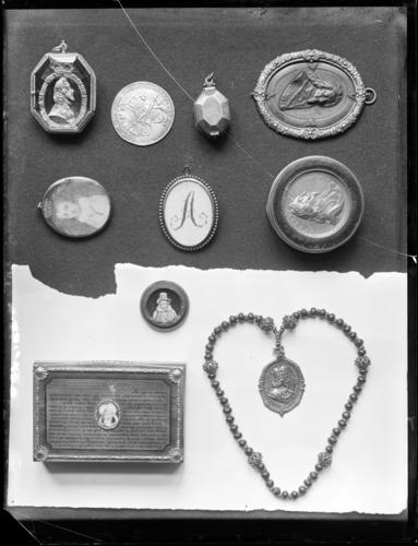 Glass plate negative of 10 objects from the Stuart Room Glass plate negative of 10 objects from the Stuart Room