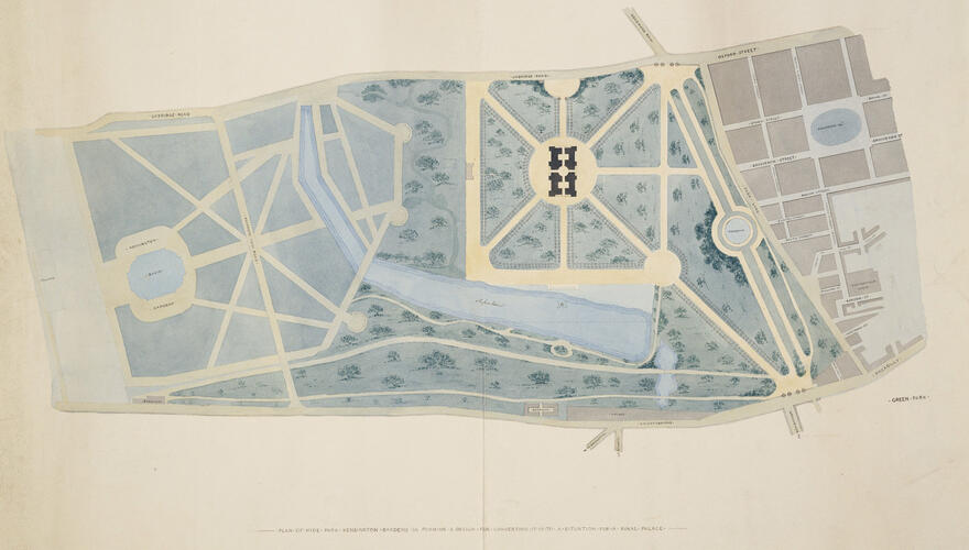 Plan of Hyde Park, Kensington Gardens, etc. Forming a design for converting it into a situation for a Royal Palace