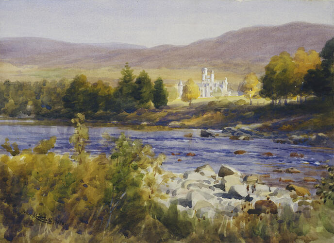 Balmoral Castle from the north-west across the River Dee