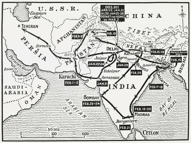 Map of the Royal Tour to India, Pakistan, Nepal and Iran