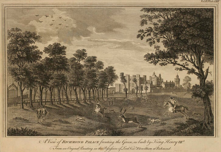 A view of Richmond Palace fronting the green as built by Henry VIII A view of Richmond Palace fronting the green as built by Henry VIII