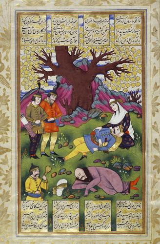 Master: Shahnamah شاهنامه (The Book of Kings)
Item: The murdered Bahram Chubinah dies on the lap of his sister Gurdiyah Master: Shahnamah شاهنامه (The Book of Kings)
Item: The murdered Bahram Chubinah dies on the lap of his sister Gurdiyah