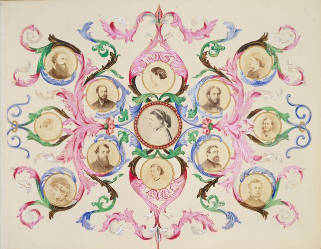 Collage design by Alexandra, Princess of Wales, with portrait photographs, c. 1866-69