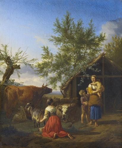 A Woman Milking a Goat outside a Barn