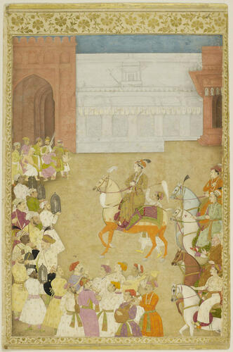 Master: A late Mughal album of calligraphy and paintings.
Item: Calligraphy by Mir Ali and a Mughal painting depicting the wedding procession of Prince Dara-Shukoh