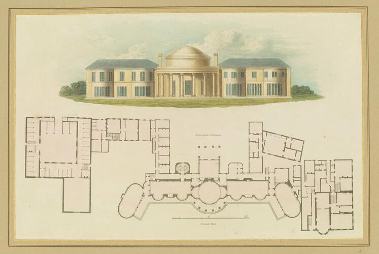 Master: Illustrations of Her Majesty's Palace at Brighton; formerly the Pavilion: executed by the Command of King George the Fourth, under the Superintendence of John Nash, Esq. , architect : to which is prefixed, A History of the Palace, by Edward Wedlake Brayley, Esq. , F. S. A.
Item: The Steyne Front of the Marine Pavilion, Previous to Alterations