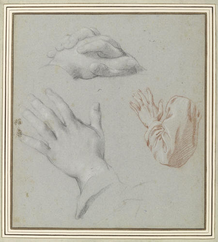 A left arm and a left hand. Two clasped hands