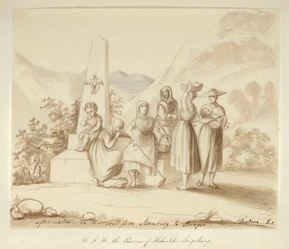A group of women resting at a monument by the roadside from Stromburg to Bingen