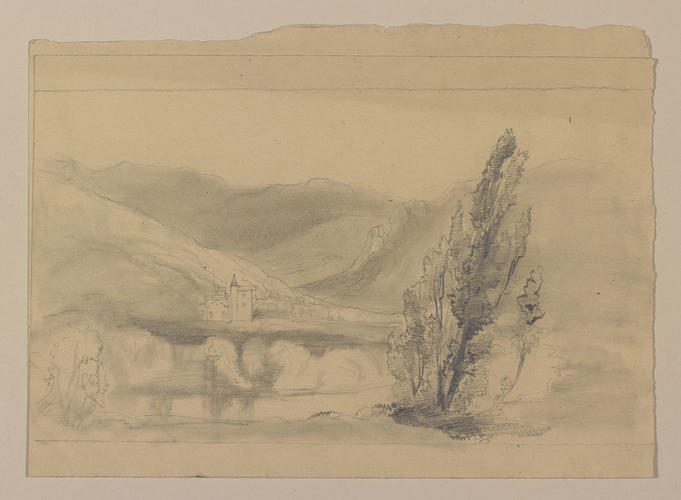 Mountain landscape with castle and lake