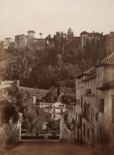 View of Alhambra towers from the Darro [Hill of Martyrs], Granada