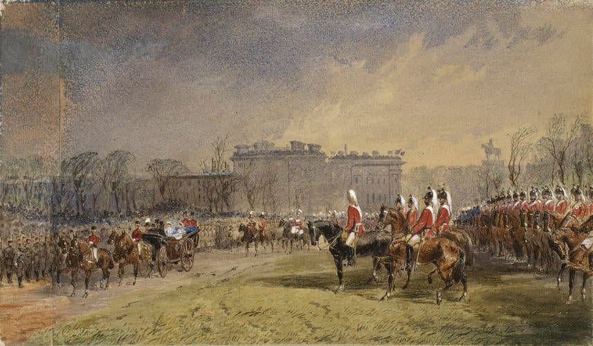 Arrival of Princess Alexandra from Denmark for her marriage to the Prince of Wales, 1863: the Princess passing the lines of Volunteers in Hyde Park