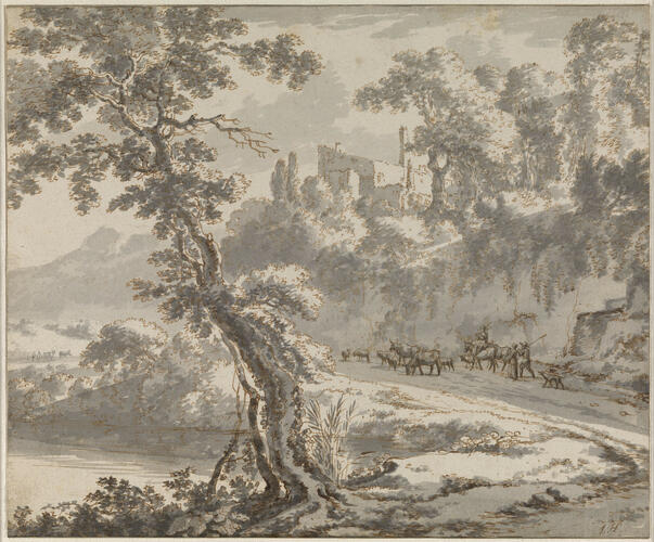 Travellers and animals on a hilly road, cut through the hillside, with buildings above and a lake below Travellers and animals on a hilly road, cut through the hillside, with buildings above and a lake below