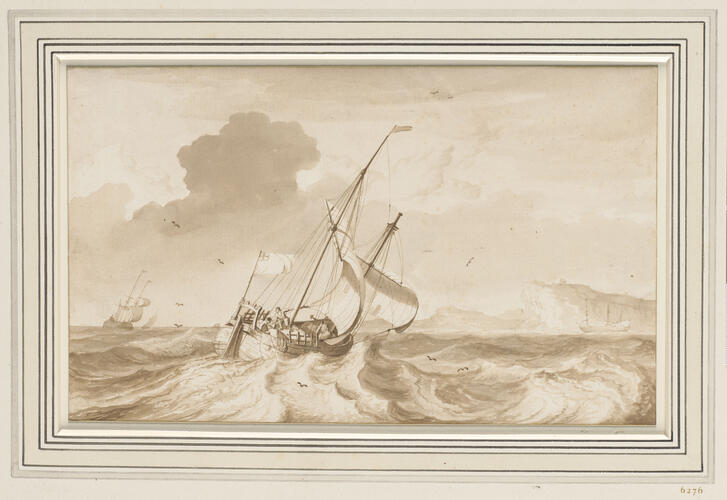 An English Hooker in a strong breeze off a coast with tall cliffs
