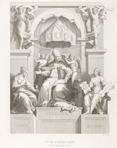An enthroned pope between allegorical figures and caryatids