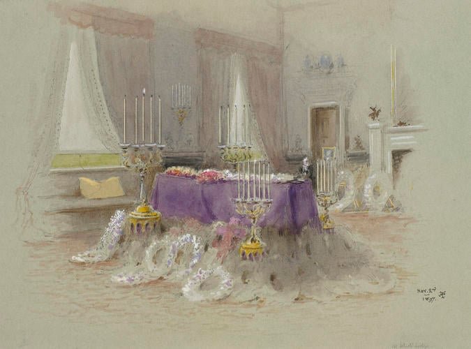 Funeral of the Duchess of Teck, 2-3 November 1897: The Duchess in her coffin in the drawing-room at White Lodge, Richmond, 2 November