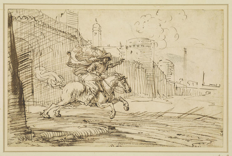 A horseman galloping out of a walled city A horseman galloping out of a walled city