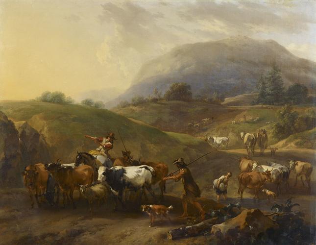 A Mountainous Landscape with Herdsmen Driving Cattle down a Road
