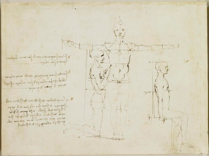 Recto: The proportions of a standing, kneeling and sitting man. Verso: Notes on human proportion