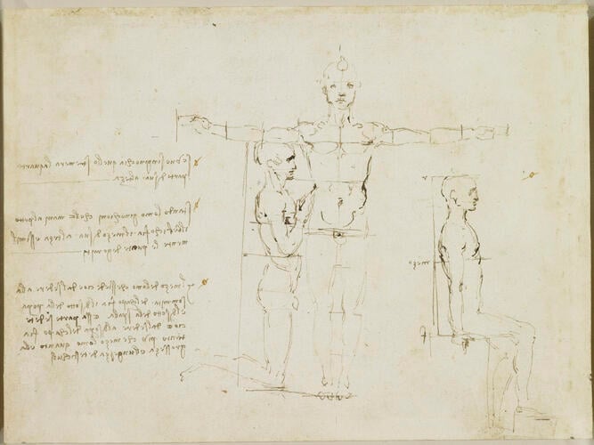 Recto: The proportions of a standing, kneeling and sitting man. Verso: Notes on human proportion