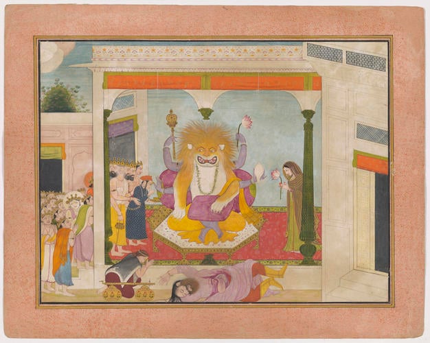 Narasimha kills Hiranyakashipu on the threshold of his palace