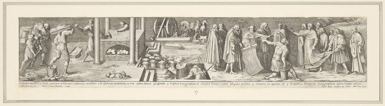 Master: A set of prints reproducing narrative scenes from the Sala di Costantino
Item: Constantine presents Pope Sylvester I with the plan of St Peter's Church