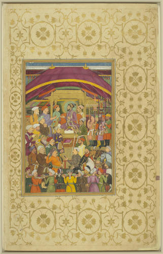Master: Padshahnamah پادشاهنامه (The Book of Emperors) ‎‎
Item: Shah-Jahan receives the Persian ambassador, Muhammad-Ali Beg, during the New Year celebrations (March 1631)