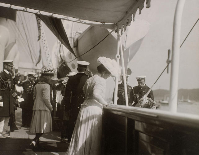 Nicholas II, Emperor of Russia and Alexandra Feodorovna, Empress of Russia on the deck of the Russian Imperial Yacht Standart during the Cowes Regatta, 1909