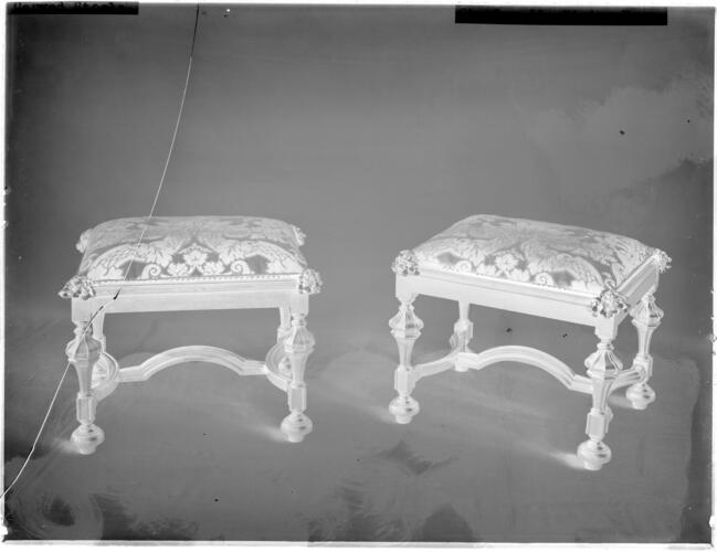 Glass plate negative of carved stools Glass plate negative of carved stools