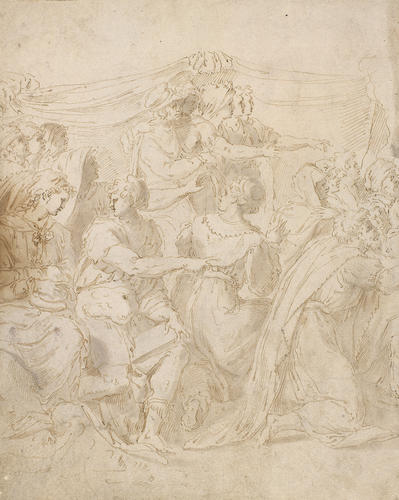 Men and women in front of a cloth Men and women in front of a cloth