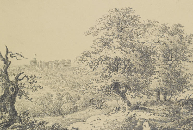 Windsor Castle, a distant view, with deer and horse and cart