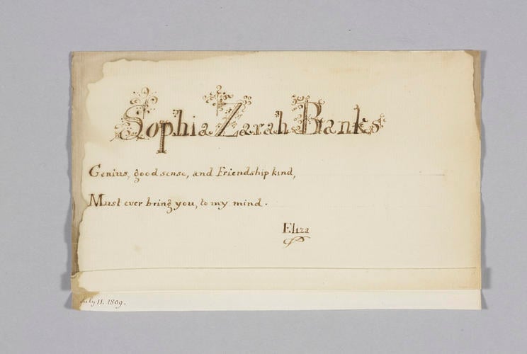 Master: A Book of cuttings made by Princess Elizabeth, daughter of George III, and by Theodore Tharp, and given by the Princess to Lady Banks
Item: Note addressed to Sophia Zarah Banks
