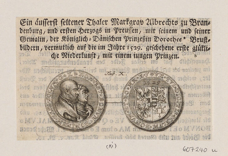 Master: [Engravings of medals of the Margraves of Brandenburg]
Item: [A medal of Albert, Duke of Prussia and Grand Master of the Teutonic Order and Dorothea of Denmark, Duchess of Prussia]