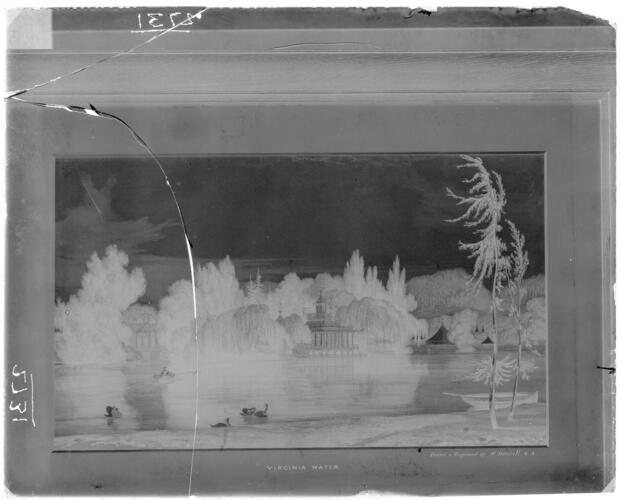 Glass plate negative of a watercolour of Virginia Water Glass plate negative of a watercolour of Virginia Water