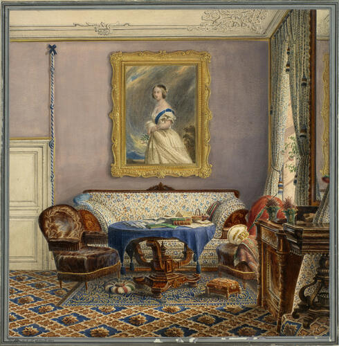 Sitting-room, with a portrait of Queen Victoria hanging on the wall