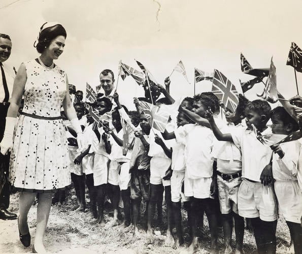 Flag waving welcome for the Queen, Cooktown, Australia 1970