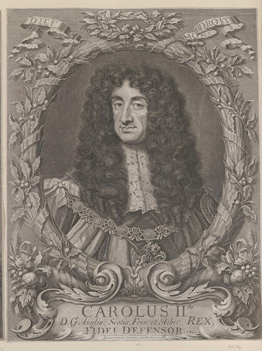 CAROLUS IIds. D. G. Angliae, Scotiae, Fran: et Hiber: REX FIDEI DEFENSOR. etc