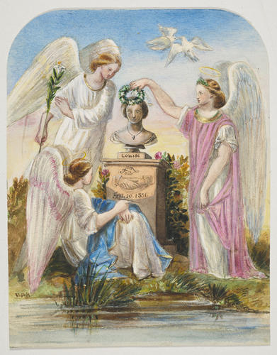 The bust of Princess Louise of Prussia surrounded by three angels The bust of Princess Louise of Prussia surrounded by three angels